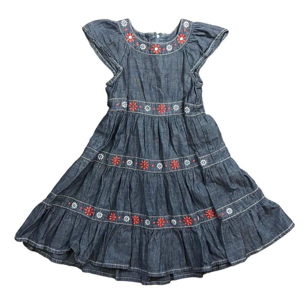 Gymboree Floral Embroidered Denim Tiered Maxi Dress 100% Cotton‎ Zipper Girls 5